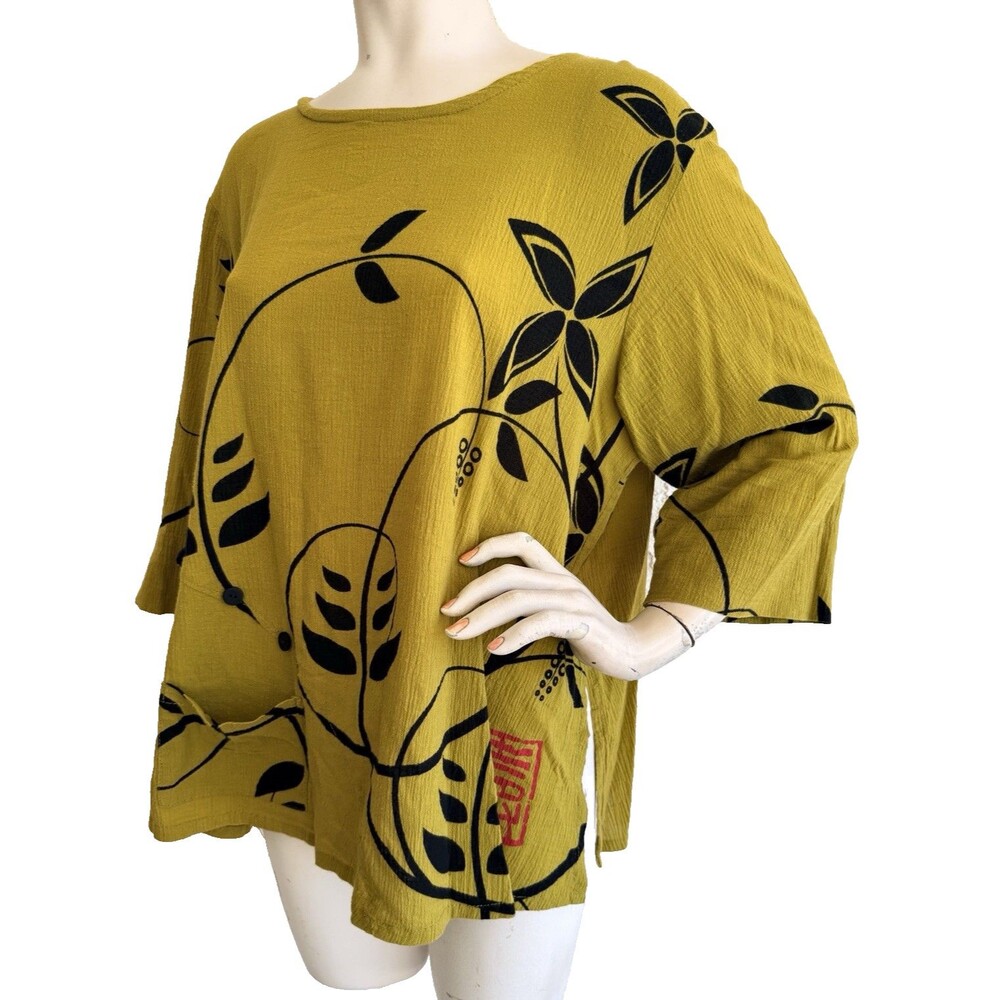 YASUKO Tunic Top Cotton Gauze Asian Art to Wear Floral Green Black Size XL